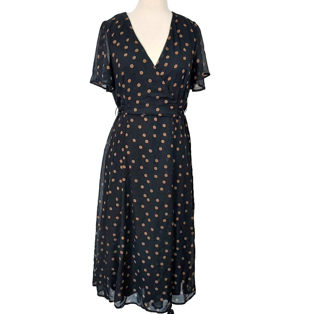 Tacera Retro Chiffon Polka Dot Dress Womens Size Medium Faux Wrap Flowy Black